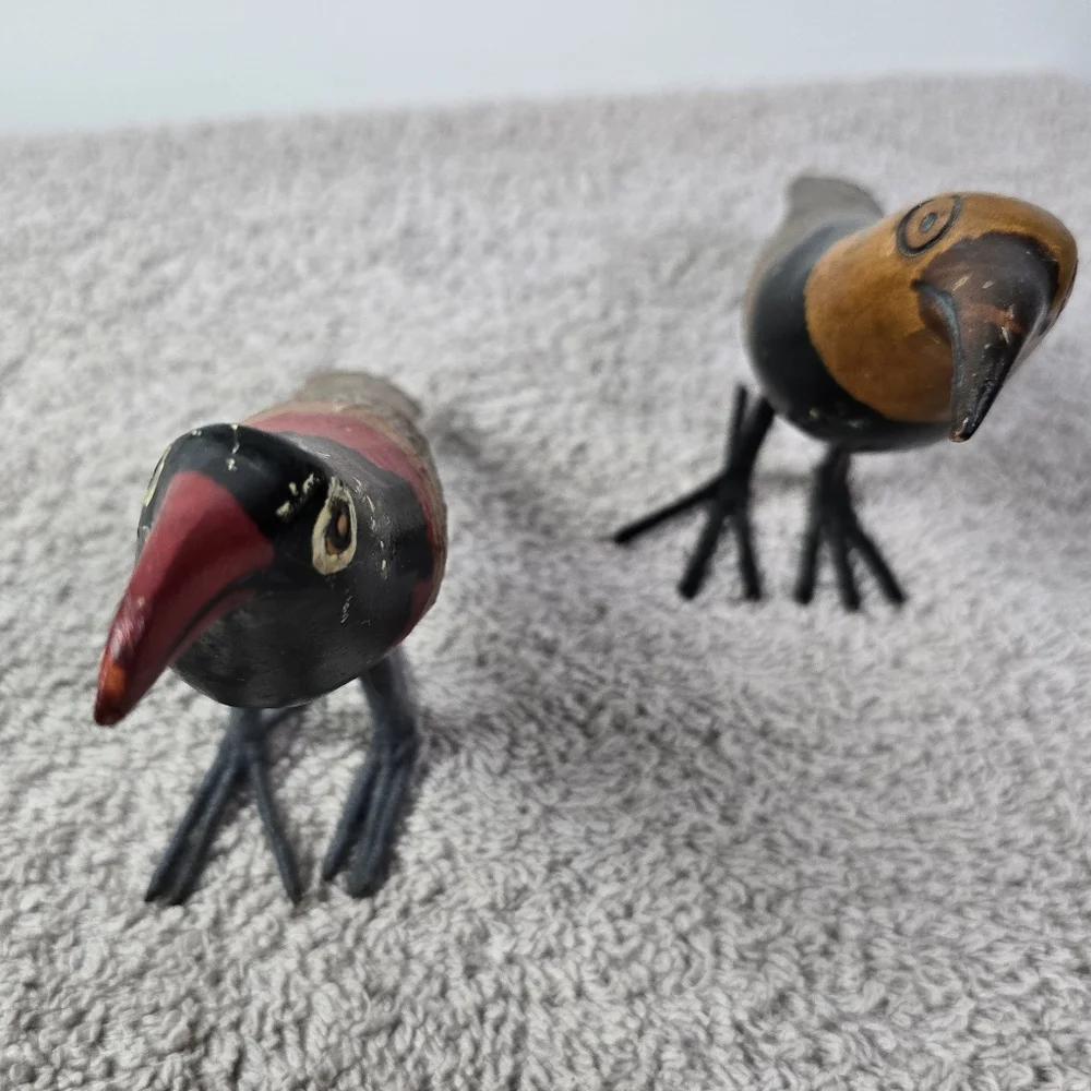 Handcrafted Wooden Bird Figurines - Red, Black, Brown